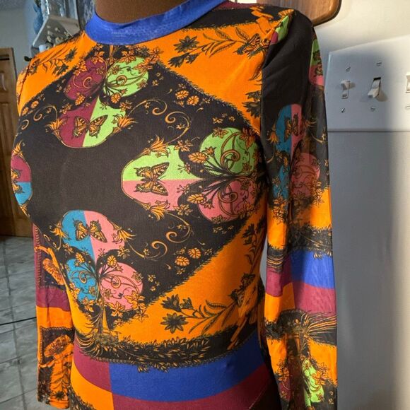 Akira sheer colorful bodysuit women’s size small long sleeve geometric abstract - Picture 2 of 8